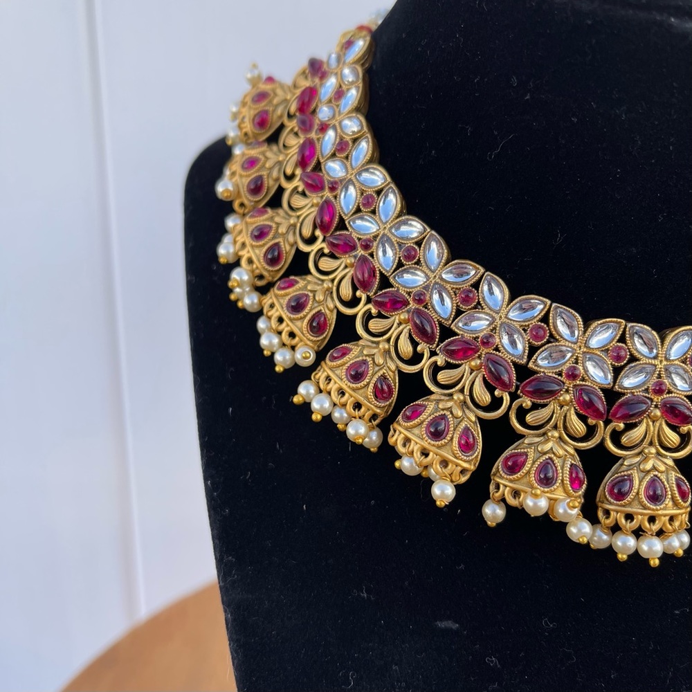 Gold Plated Pink Kundan & Pearl Choker Necklace Set for Women - Picture 8 of 12